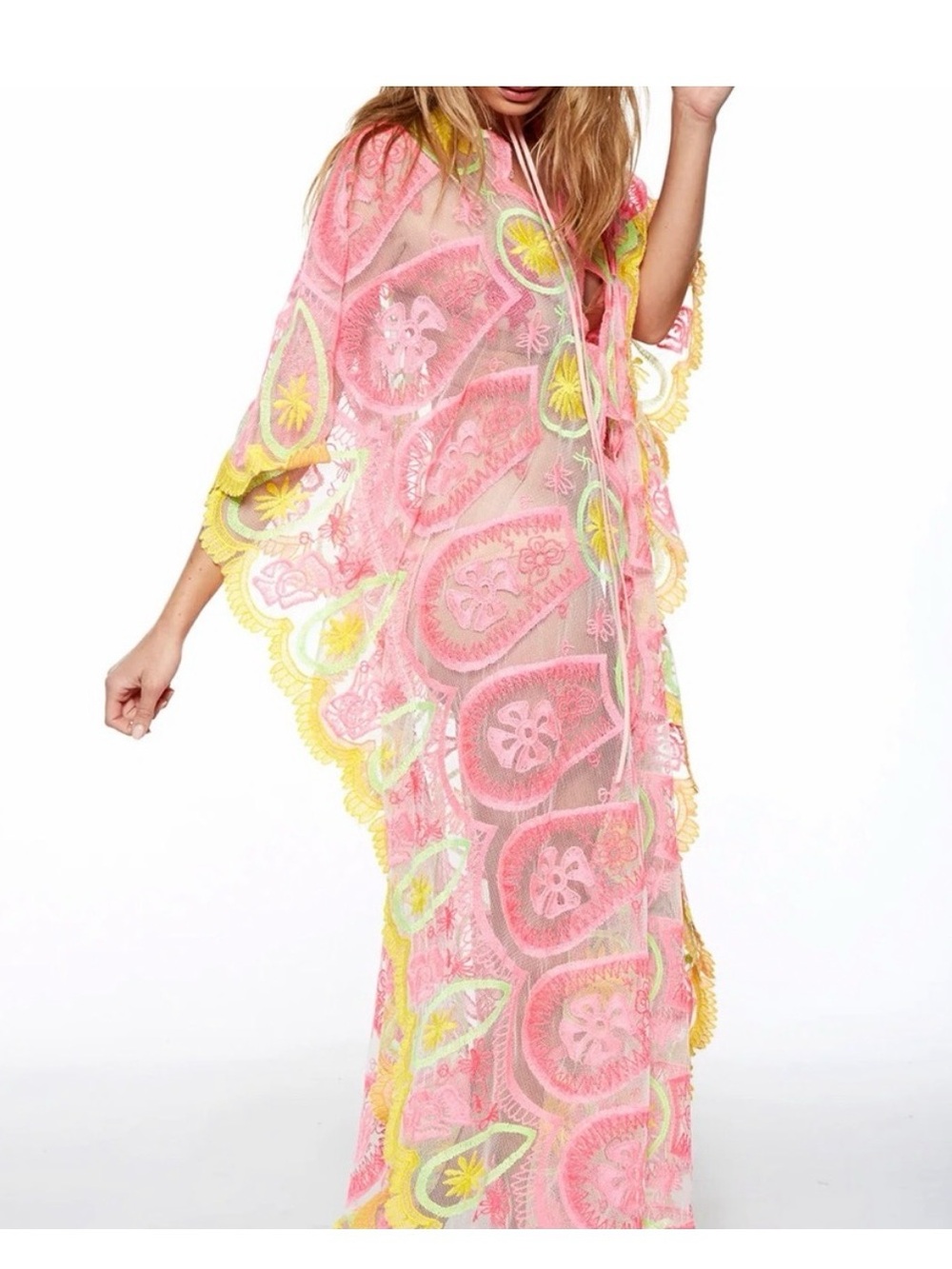 Jen's Pirate Booty Pink Sheer Embroidered Maxi with Yellow Trim